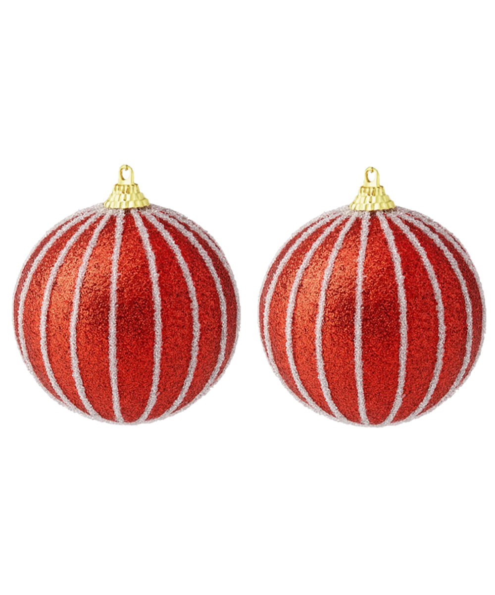 Set de 2 esferas navideñas rojas con líneas blancas 12 cm