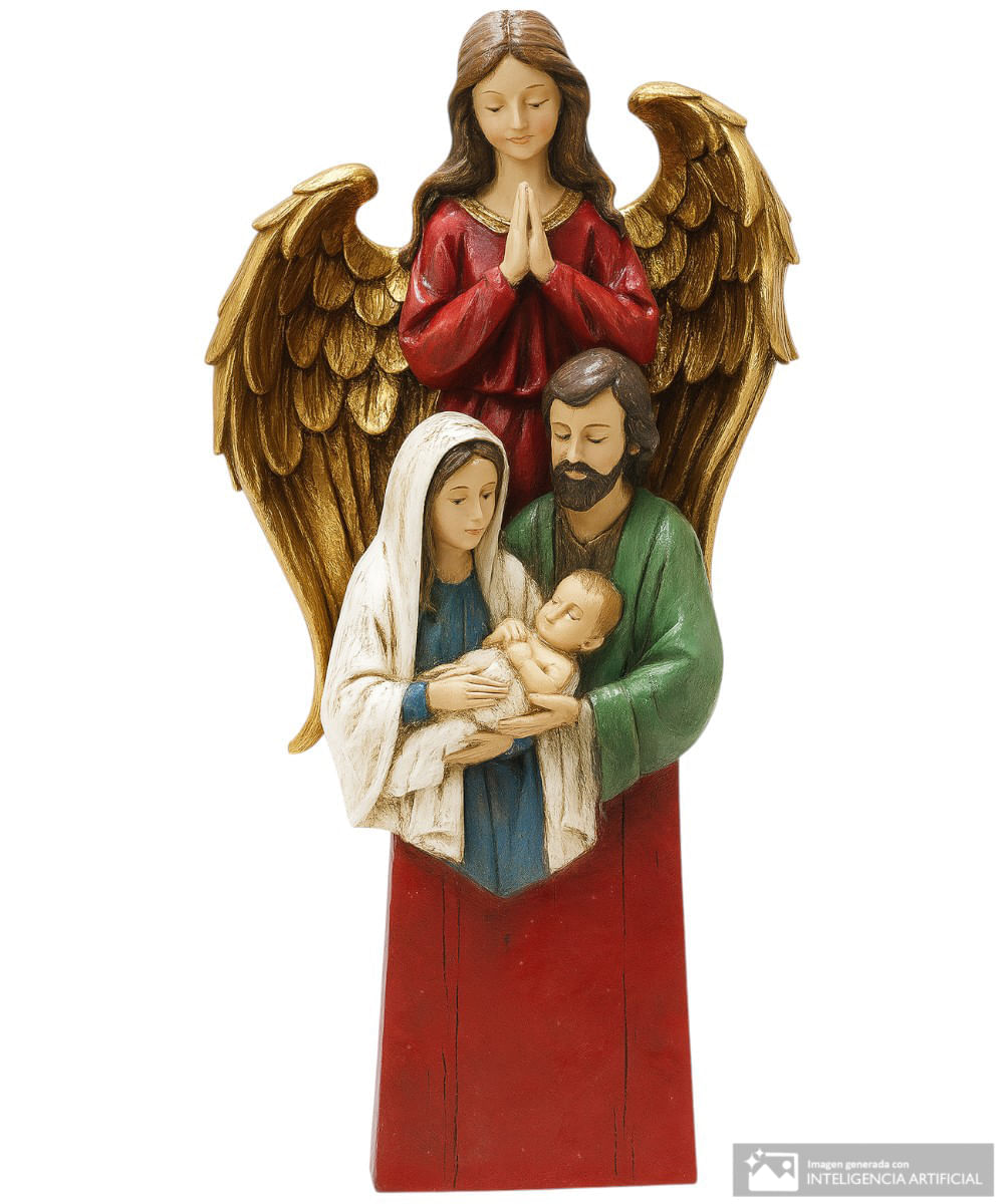 Figura ángel con sagrada familia 21 x 21 x 37 cm