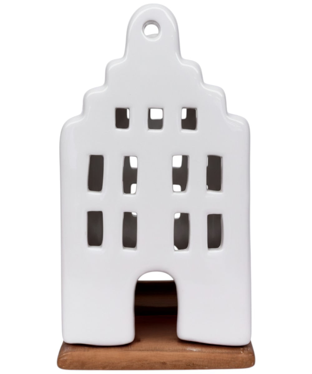 Casa de cerámica blanca con base de madera 7 x 7 x 12 cm