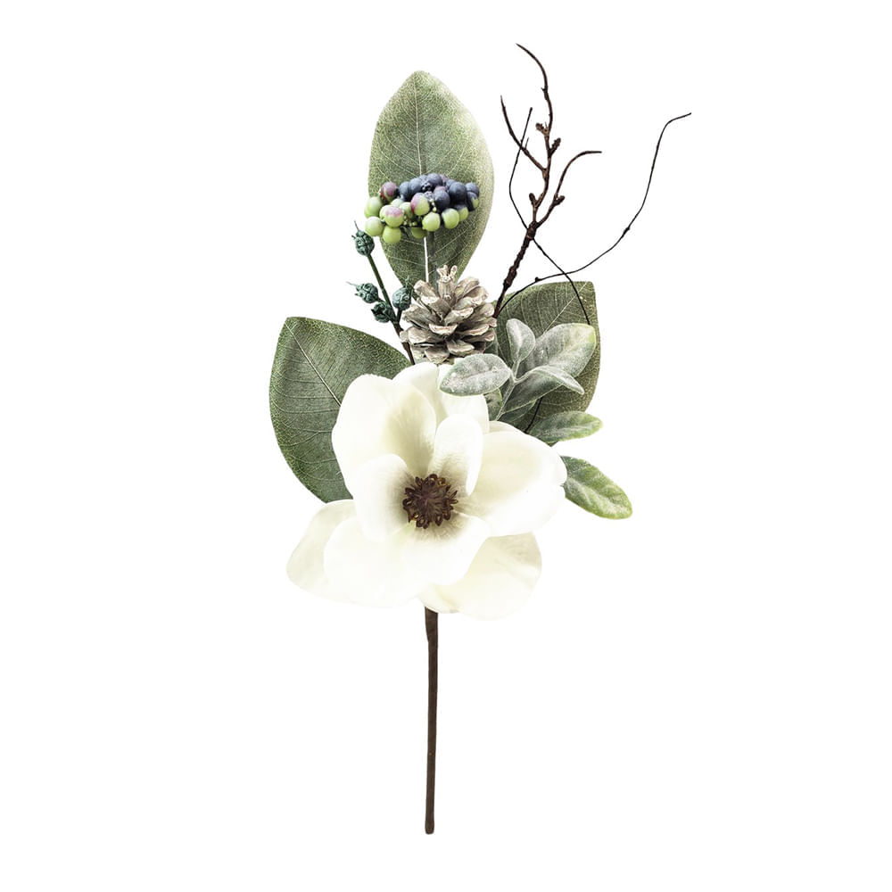 Rama de magnolia blanca con bayas y piñas de pino de 45 cm