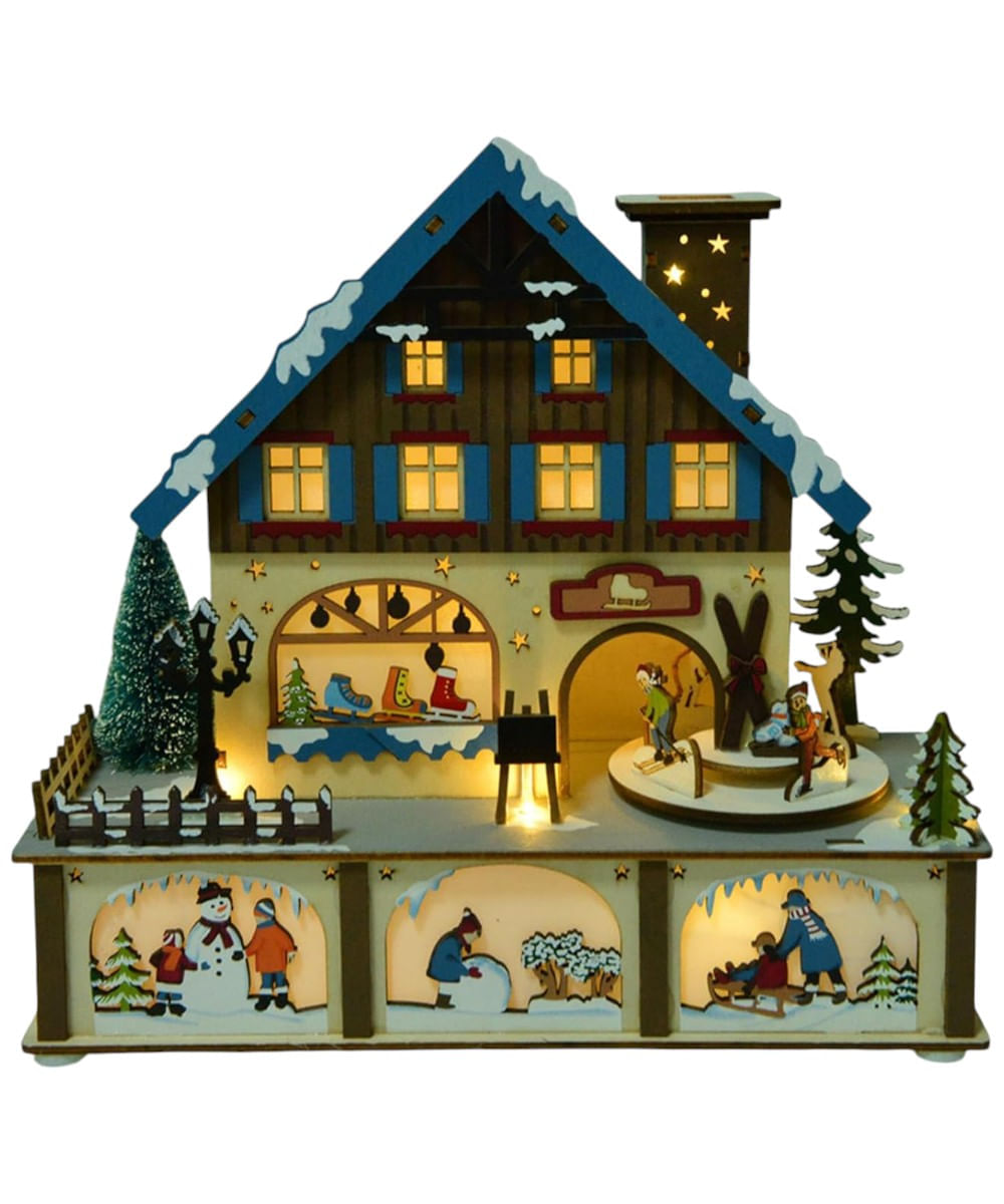 Villa navideña de madera con luz y música 26.5 x 10 x 25.5 cm