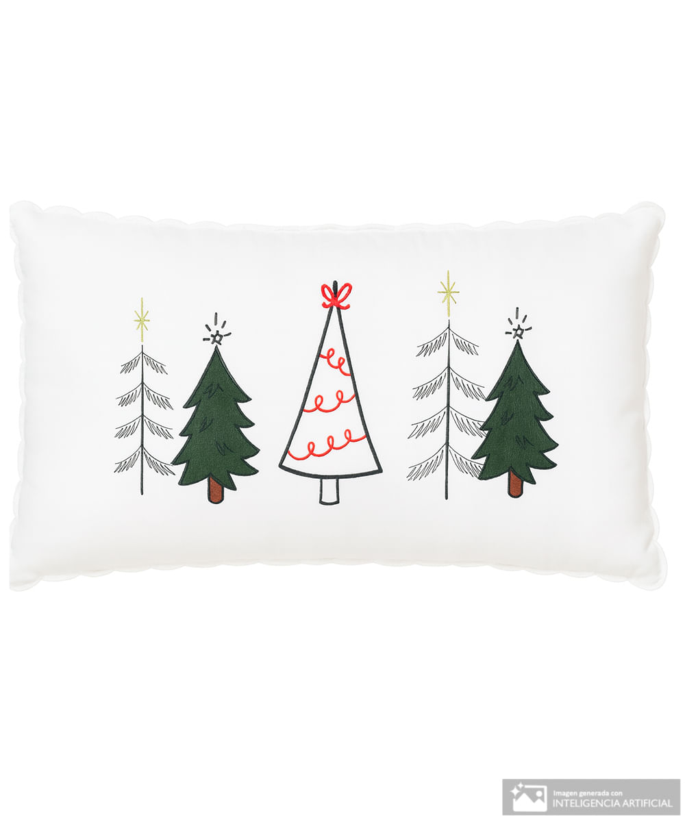 Cojín decorativo blanco con bordado de árboles navideños 30 x 50 cm