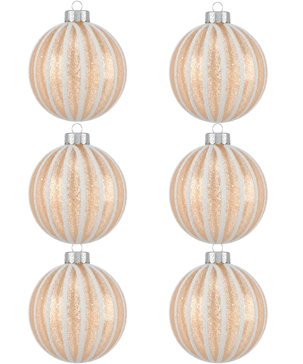Set de 6 esferas navideñas doradas con líneas blancas 8 cm