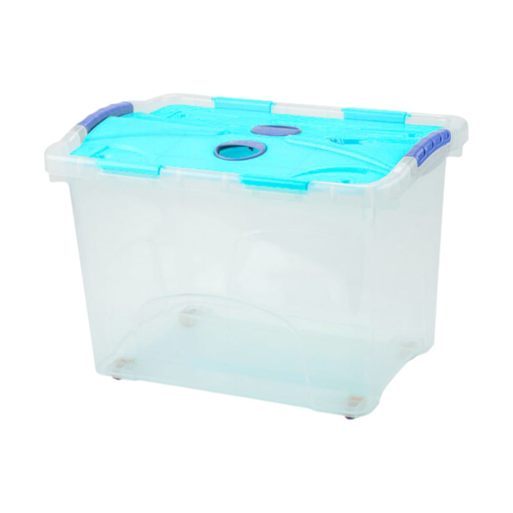 Baúl capacidad 30.8 lt caja transparente tapa celeste con gris