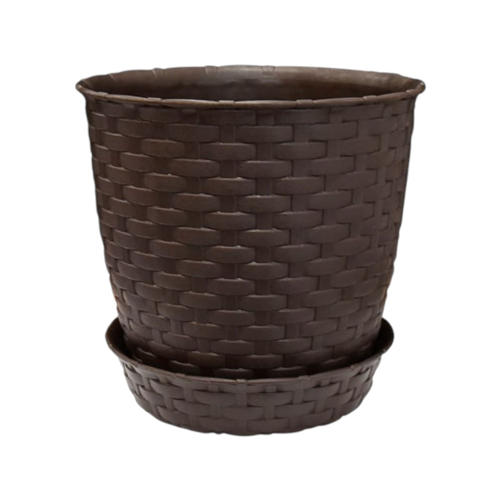 Maceta redonda estilo ratán con base 18x16cm en color Marrón