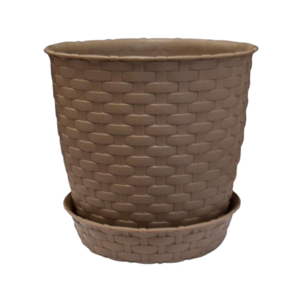 Maceta redonda estilo ratán con base 18x16cm en color Marrón grisaceo