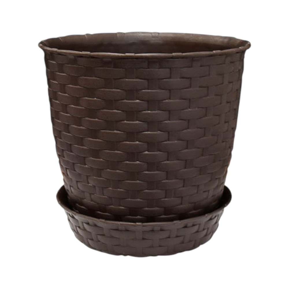 Maceta redonda estilo ratán con base 25x23cm en color Marrón