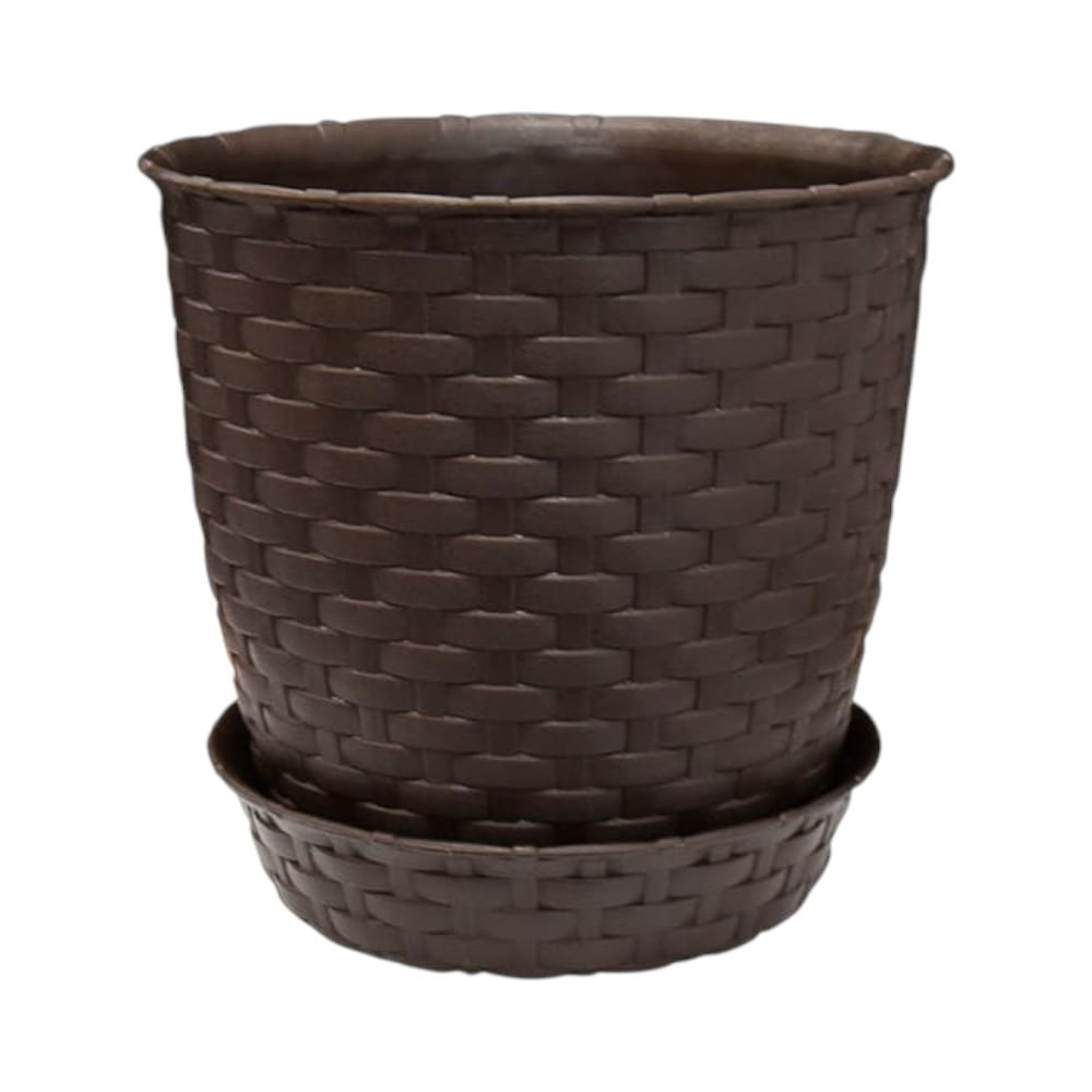 Maceta redonda estilo ratán con base 14x13cm en color Marrón oscuro