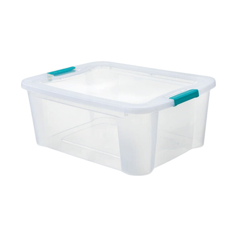 Caja ultraforte, capacidad 46lt,  caja transparente, broche celeste