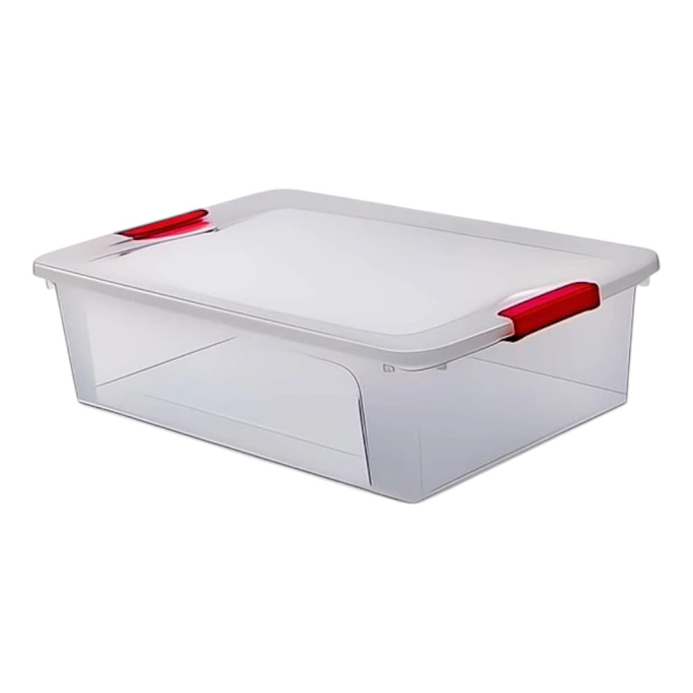 Caja ultraforte, capacidad 30lt, caja transparente, broche rojo