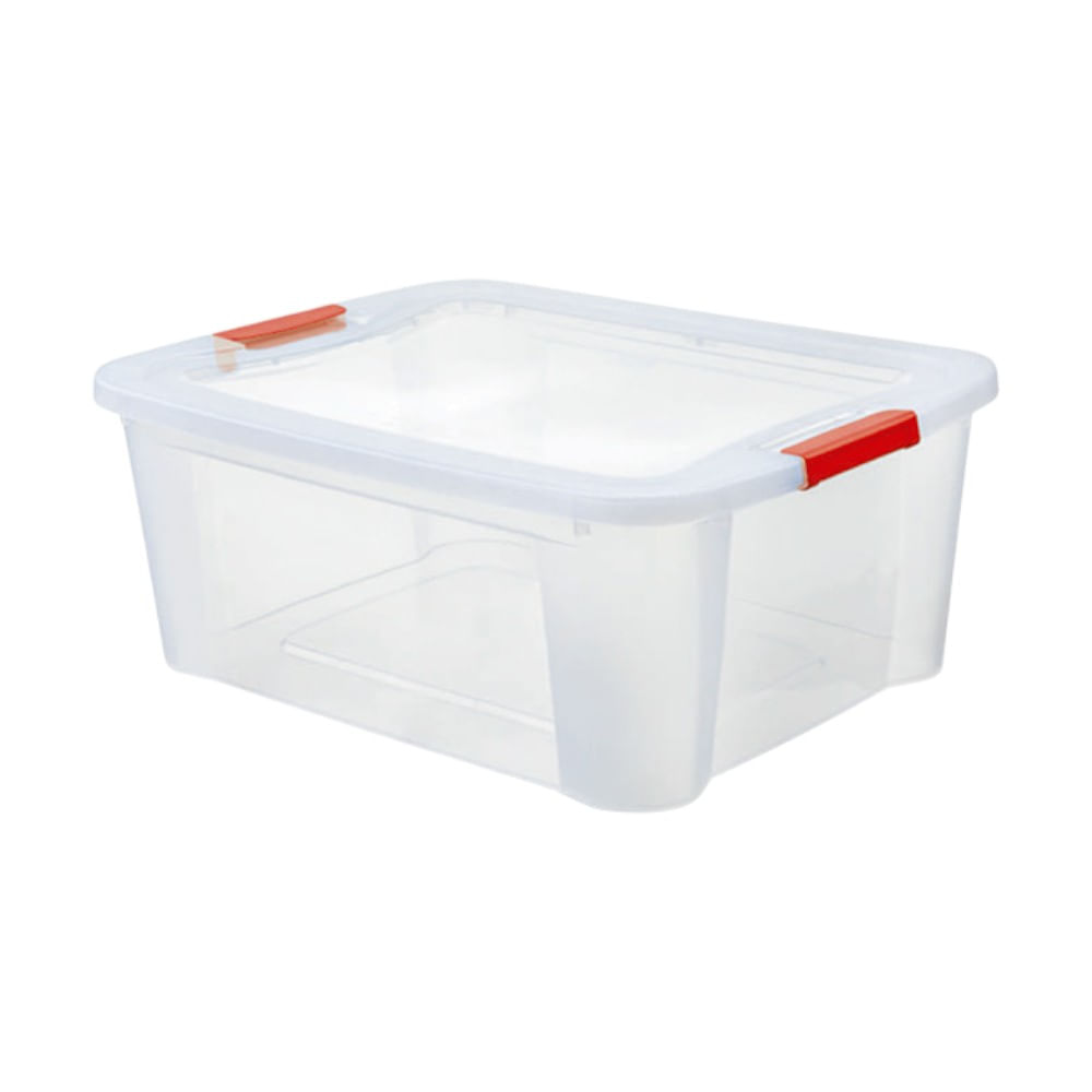 Caja ultraforte, capacidad 46lt, caja transparente, broche rojo