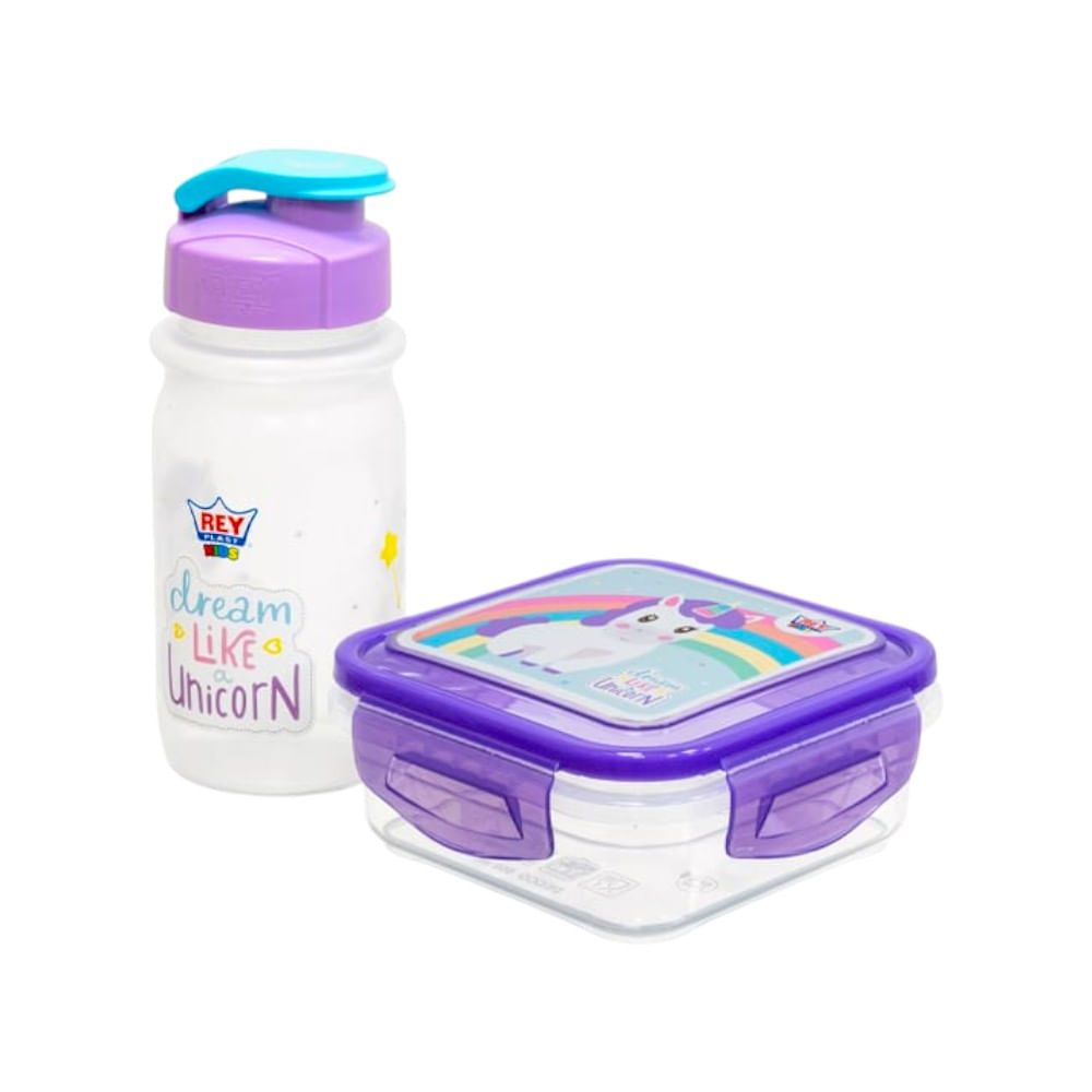 Set Escolar Unicornio, deposito 500 ml + Botella 400 ml en color morado