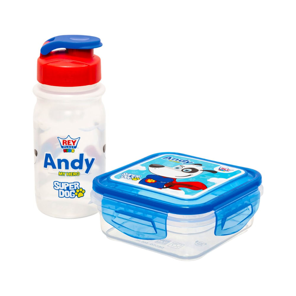 Set Escolar Super Dog, deposito 500 ml + Botella 400 ml en color azul y rojo