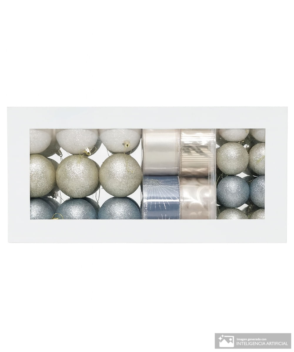 Set de 67 unidades de esferas y listones navideños celeste y champagne