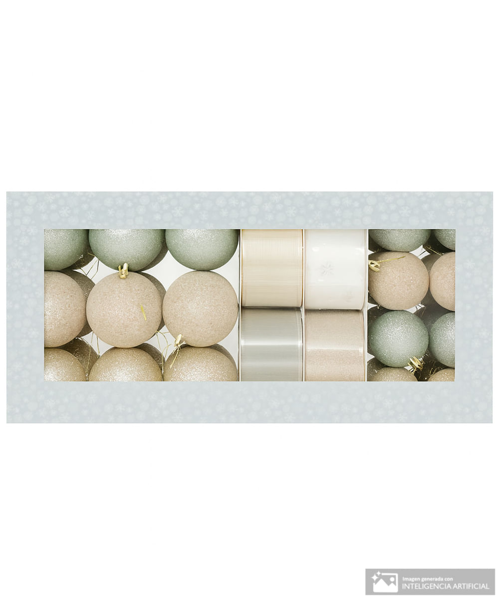 Set de 67 unidades de esferas y listones navideños natural