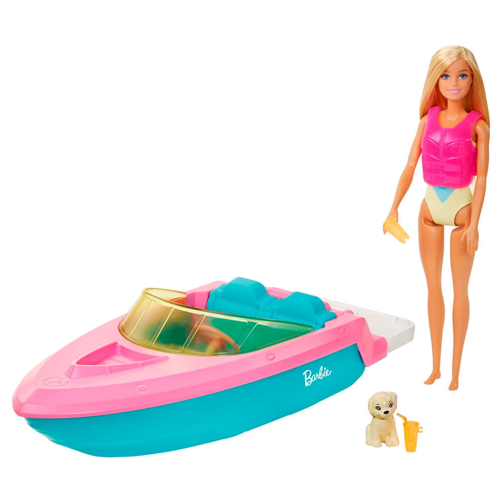 Barbie Set de juego lancha con muñeca y mascota