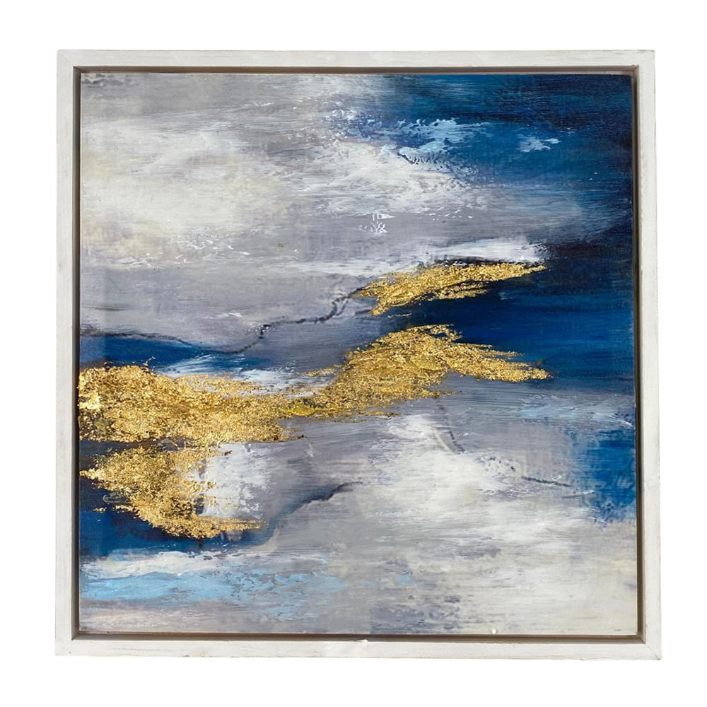 Cuadro decorativo abstracto en tonos azules grises y dorados 60x2.8x60 cm