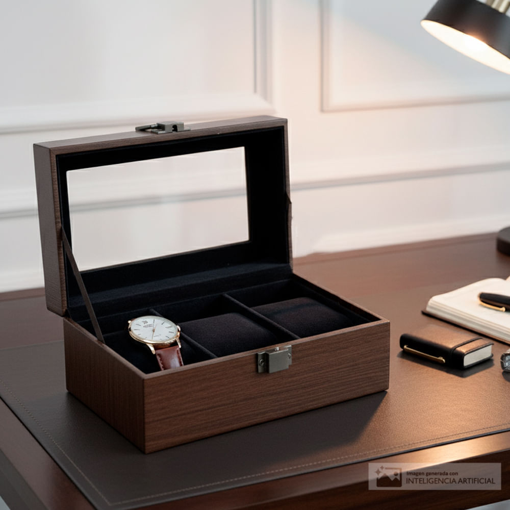 Joyero para 3 relojes con tapa de vidrio 18x11x8 cm