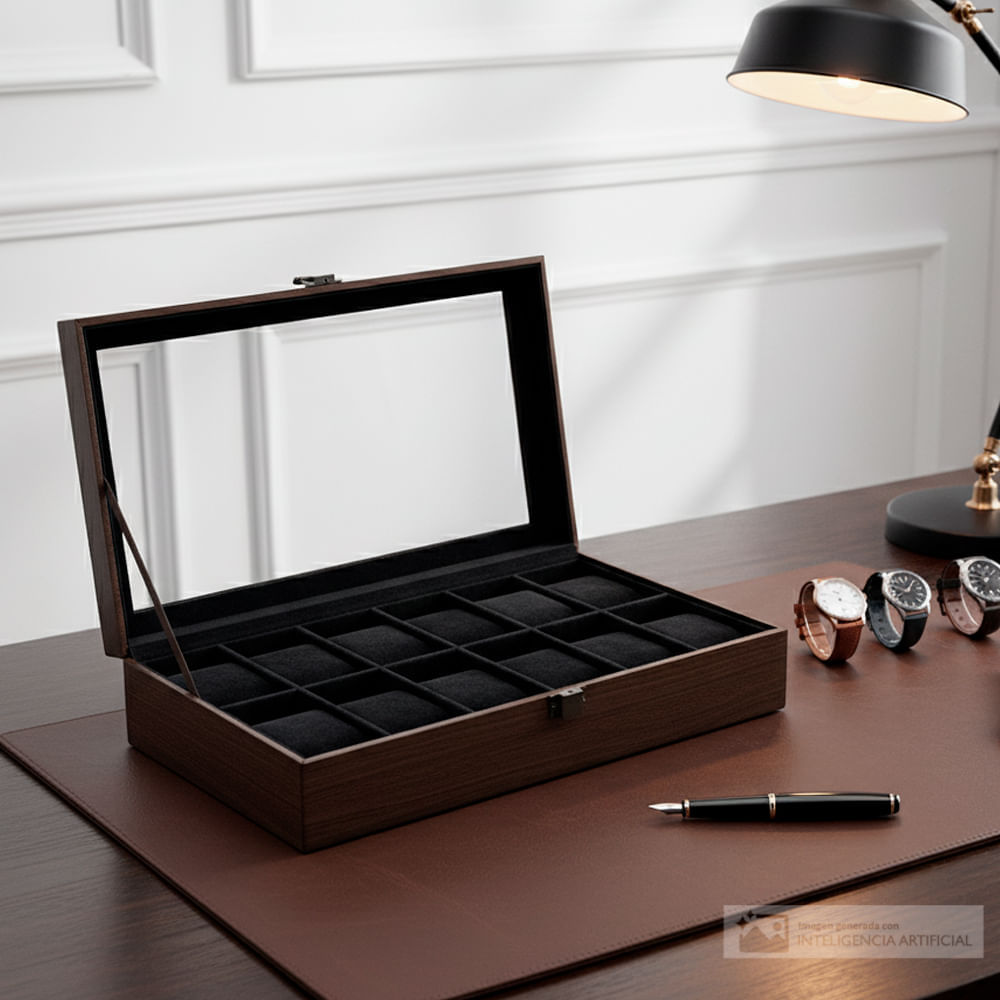 Joyero para 12 relojes con tapa de vidrio 8x34x20 cm