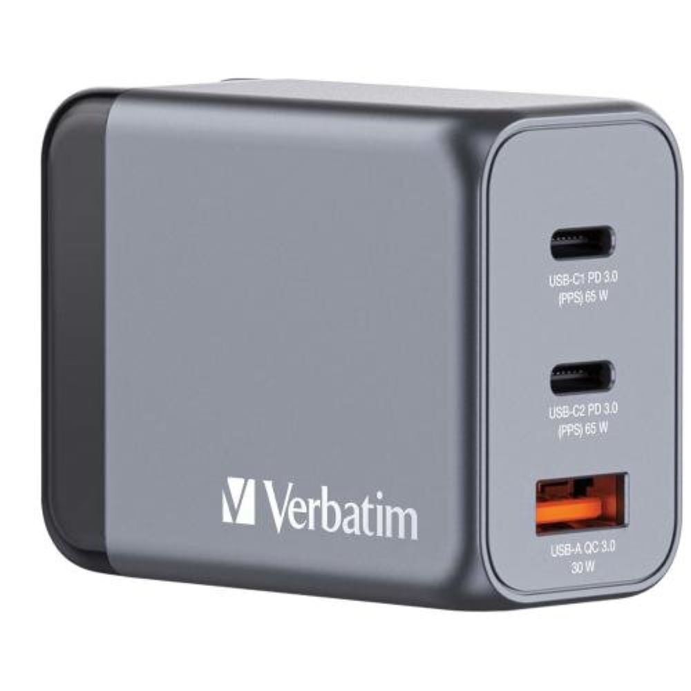 Cargador de pared Verbatim GaN 65w Dos Puertos Usb C y Un Puerto Usb A