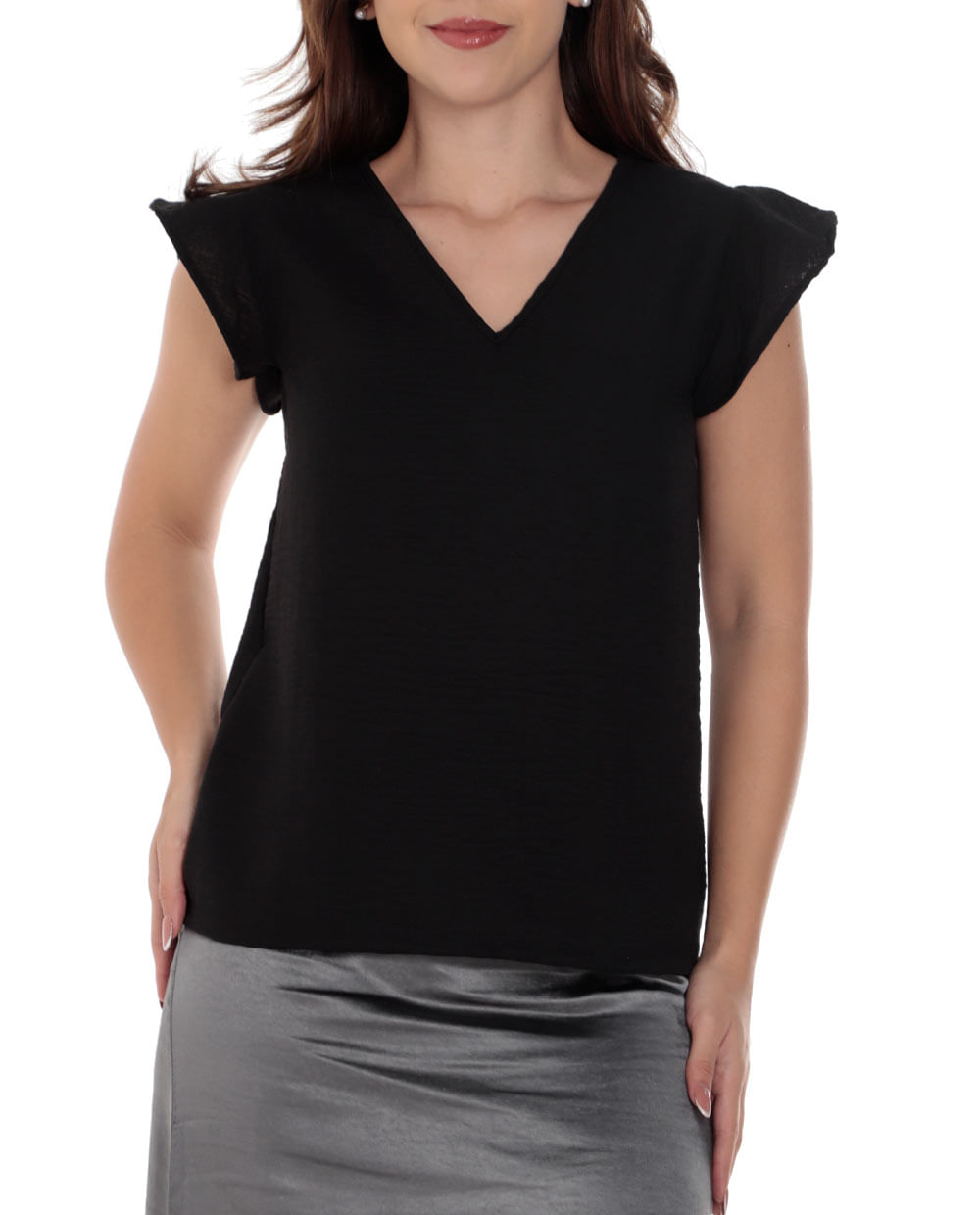 Blusa Sabrina formal negra manga corta para mujer