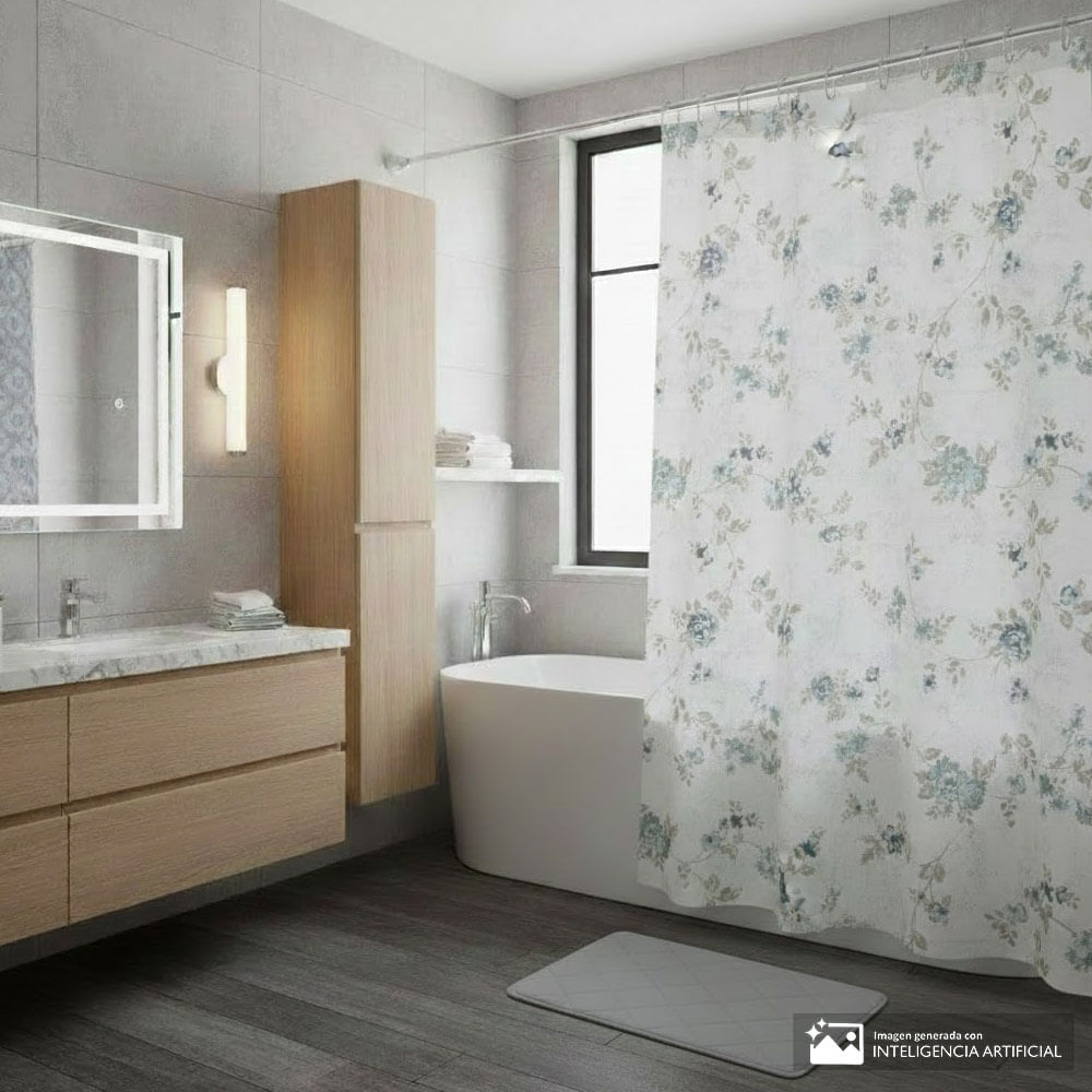 Set alfombra antideslizante y cortina estampada para baño
