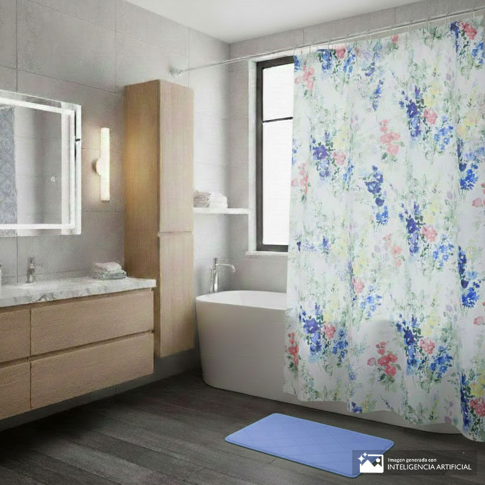 Set alfombra antideslizante y cortina estampada para baño