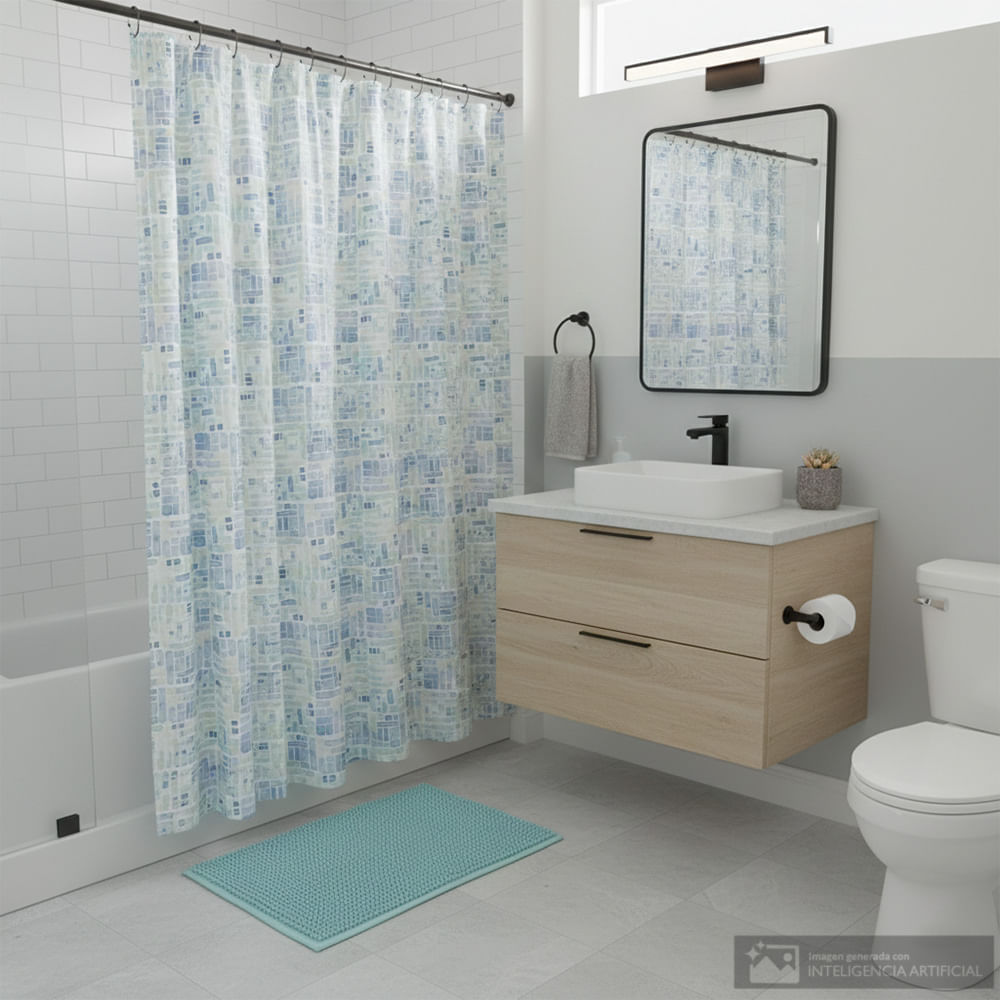 Set alfombra antideslizante y cortina estampada para baño