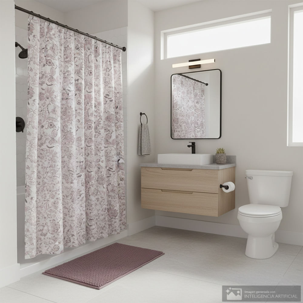 Set alfombra antideslizante y cortina estampada para baño