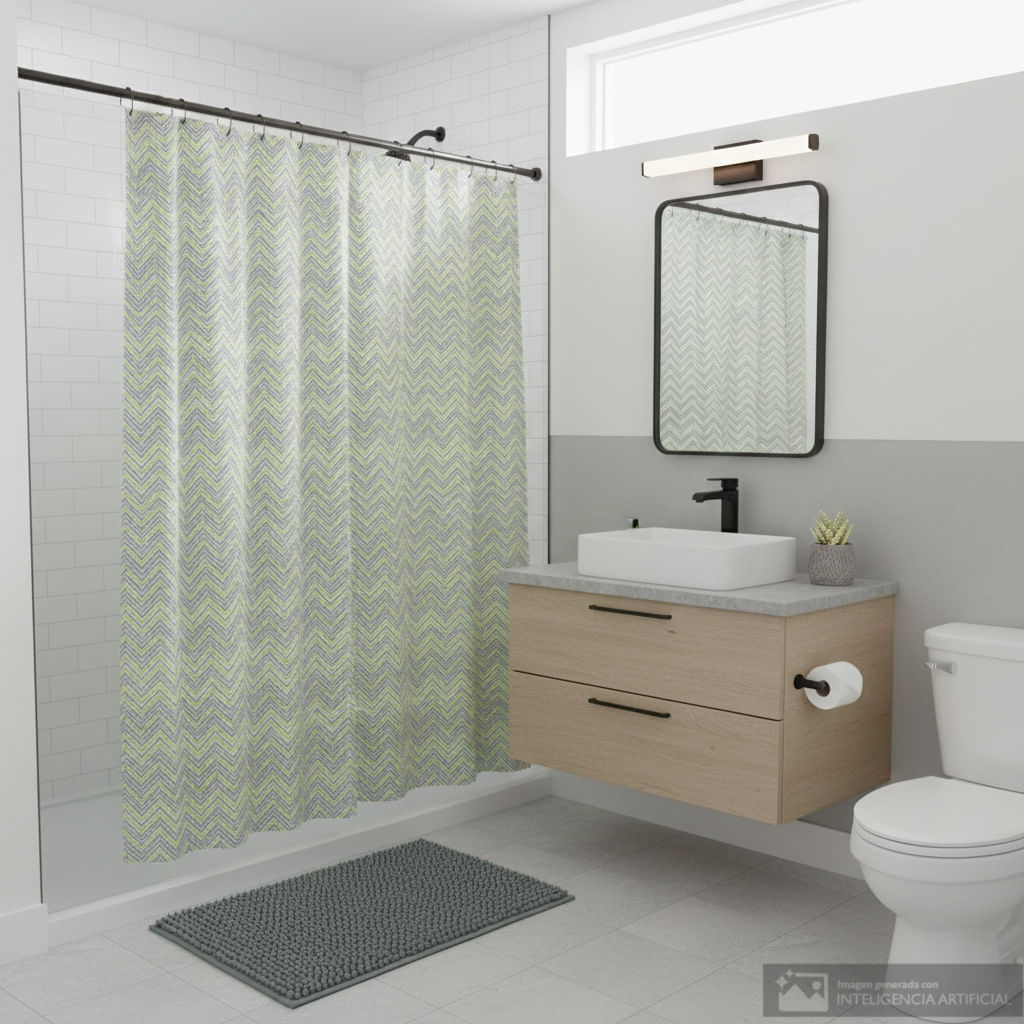 Set alfombra antideslizante y cortina estampada para baño