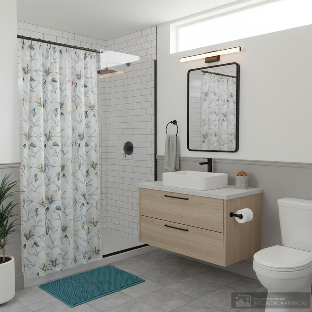 Set alfombra antideslizante y cortina estampada para baño