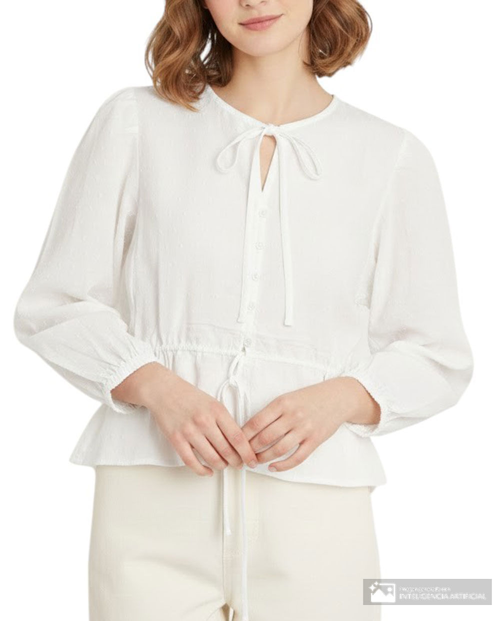 Blusa Sabrina peplum blanca manga larga para mujer