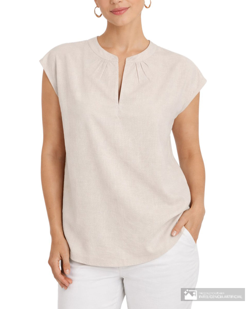 Blusa Sabrina túnica beige manga corta para mujer