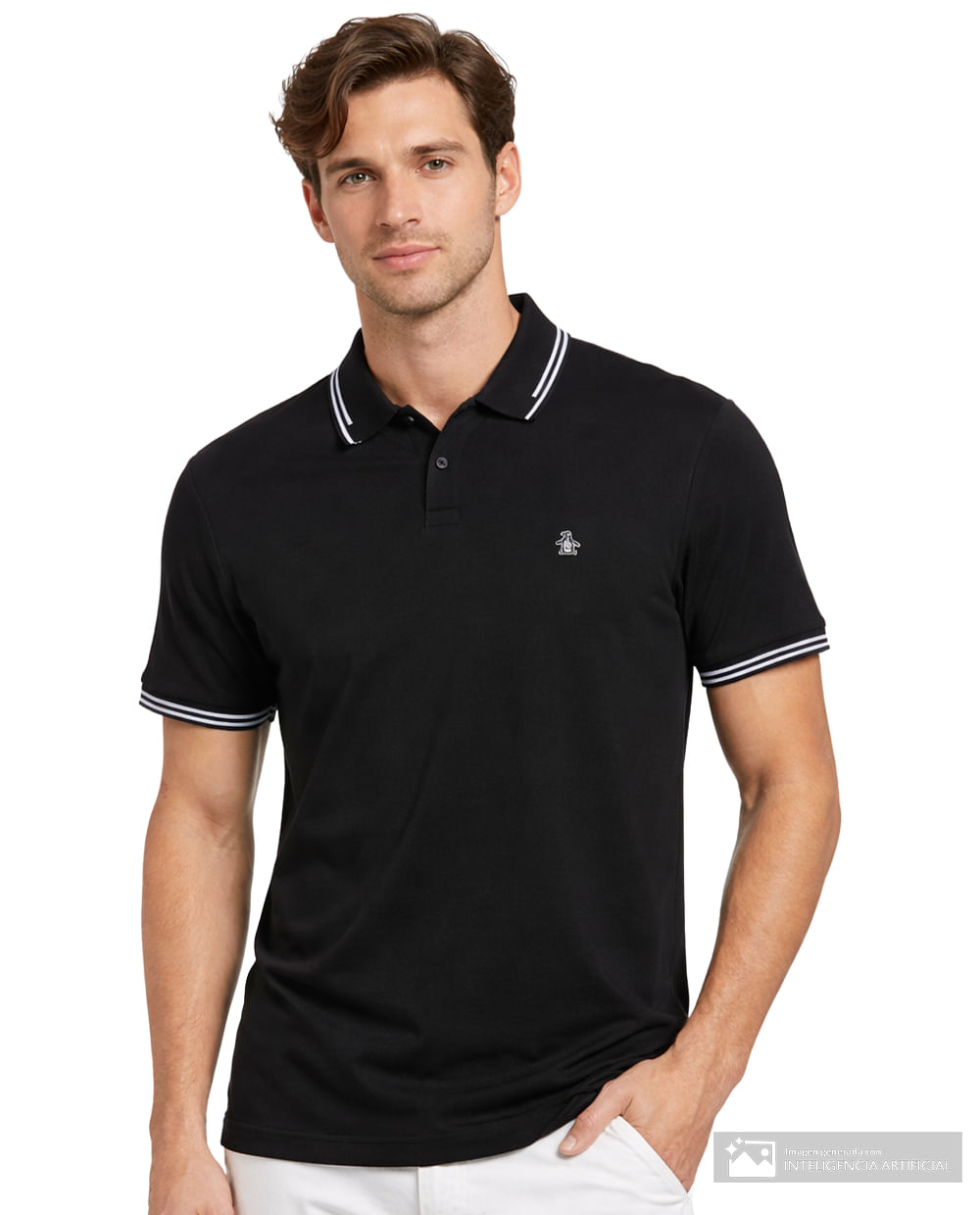 Camisa polo Penguin slim fit negra sólida para hombre POLO MODA BLK S