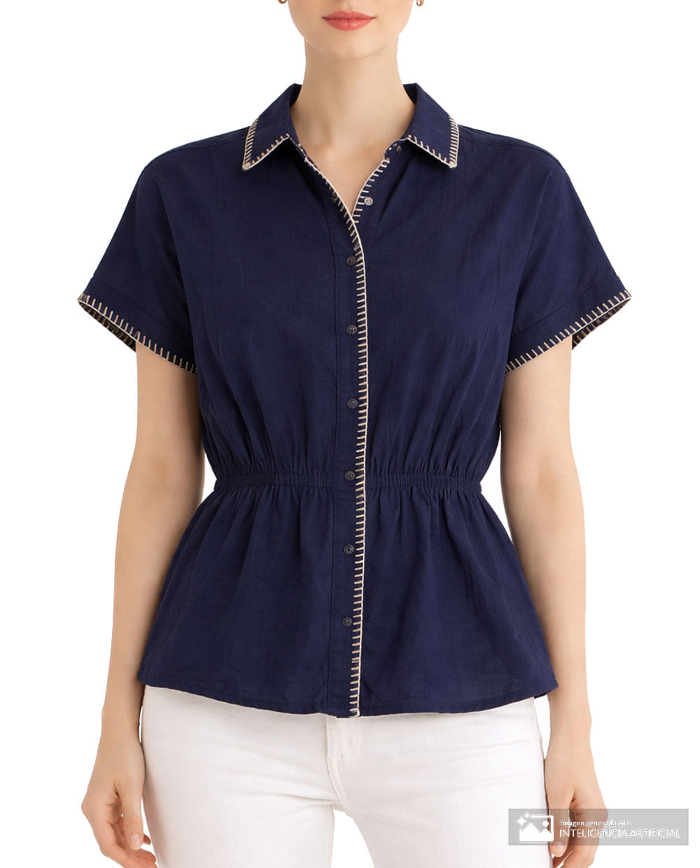 Blusa Sabrina camisera azul manga corta para mujer