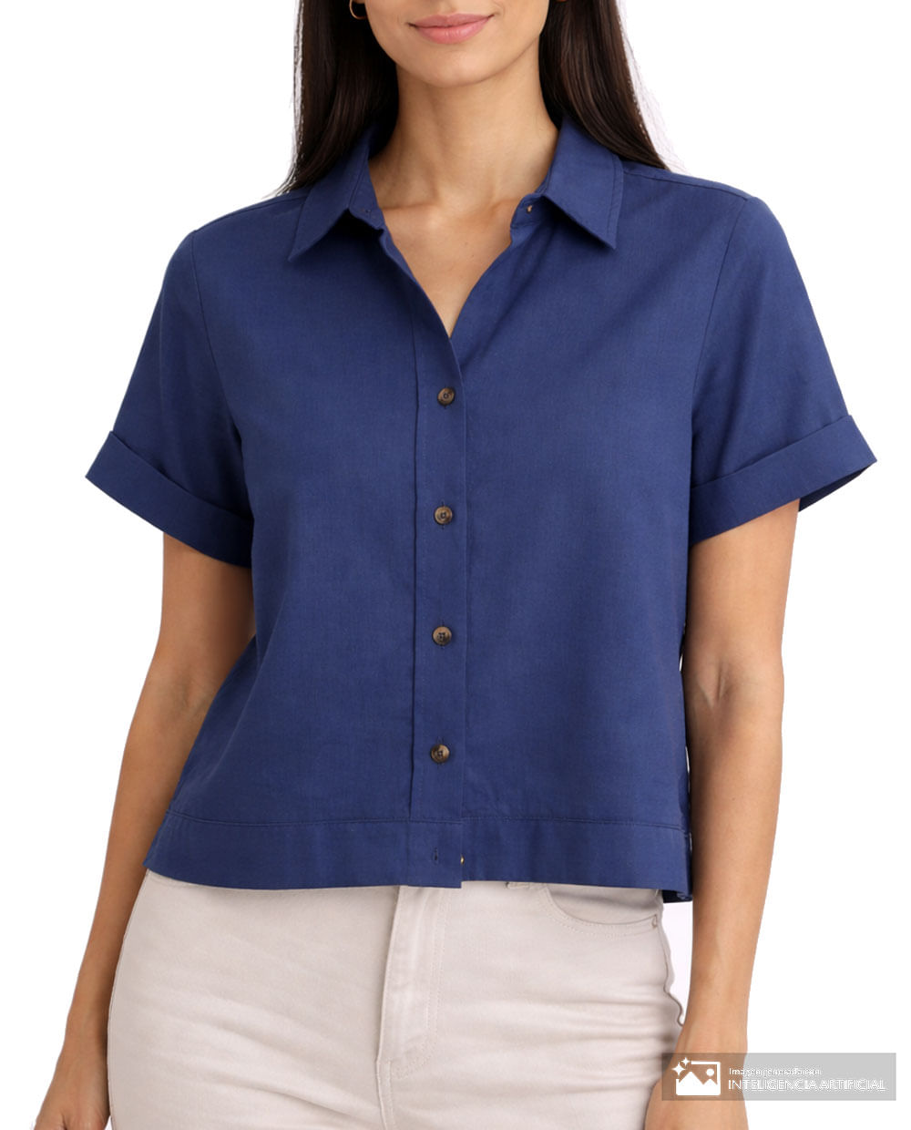 Blusa Sabrina camisera azul manga corta para mujer
