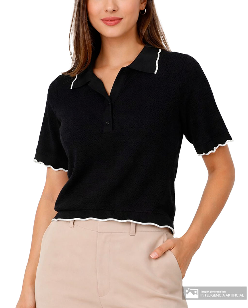 Blusa Sabrina tipo polo negra manga corta para mujer