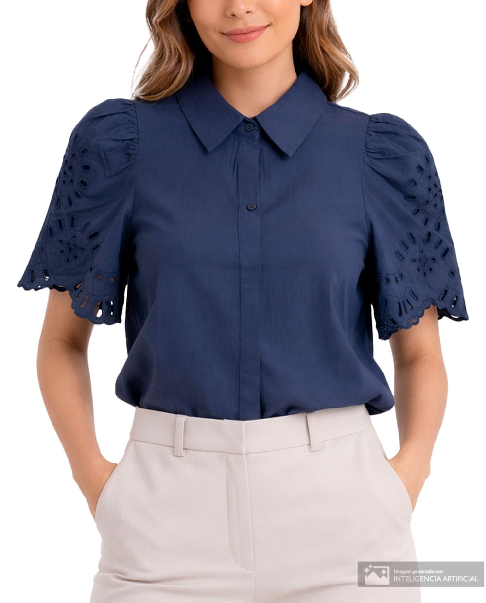 Blusa Sabrina camisera azul manga corta para mujer