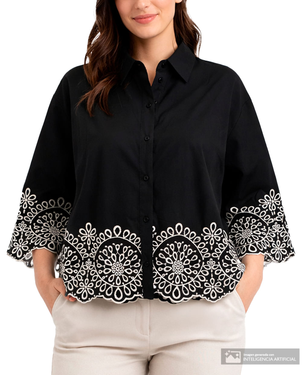 Blusa Sabrina camisera negra manga 3/4 para mujer