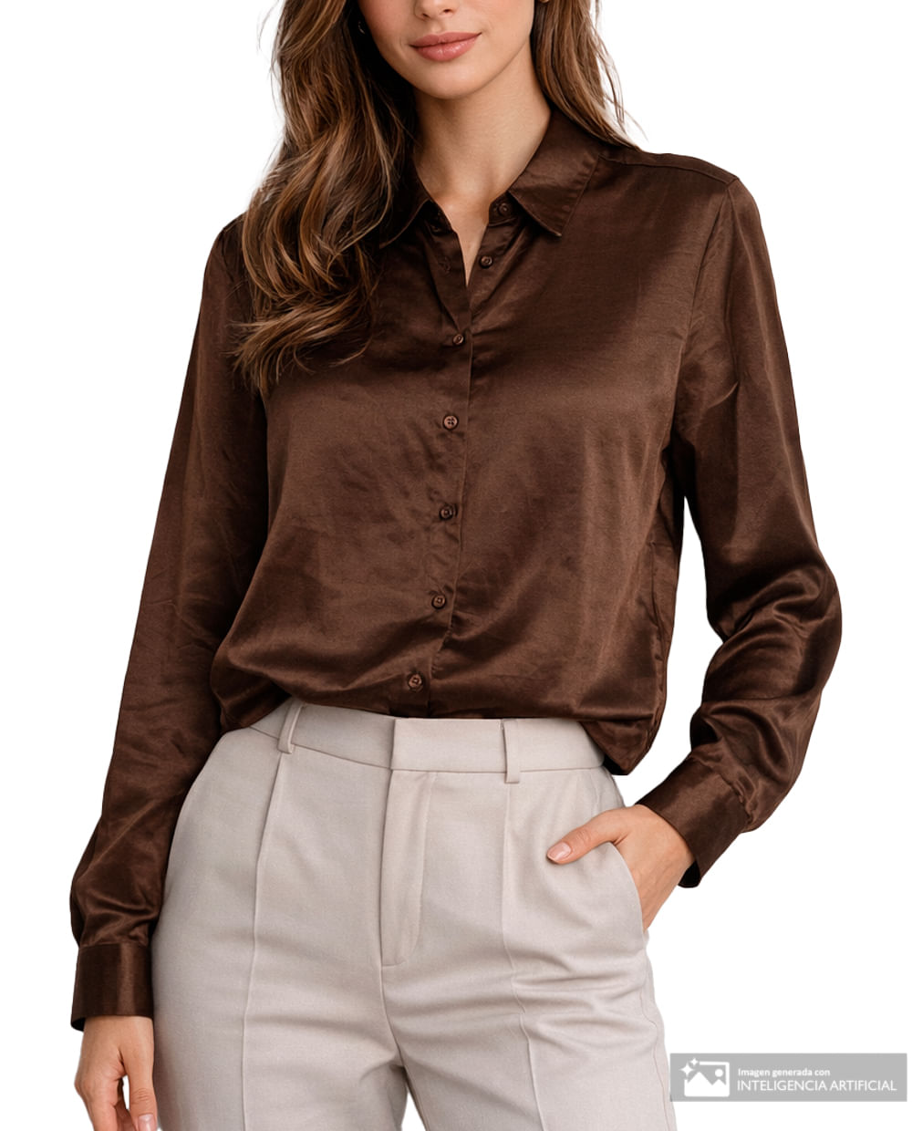 Blusa Sabrina camisera café manga larga para mujer