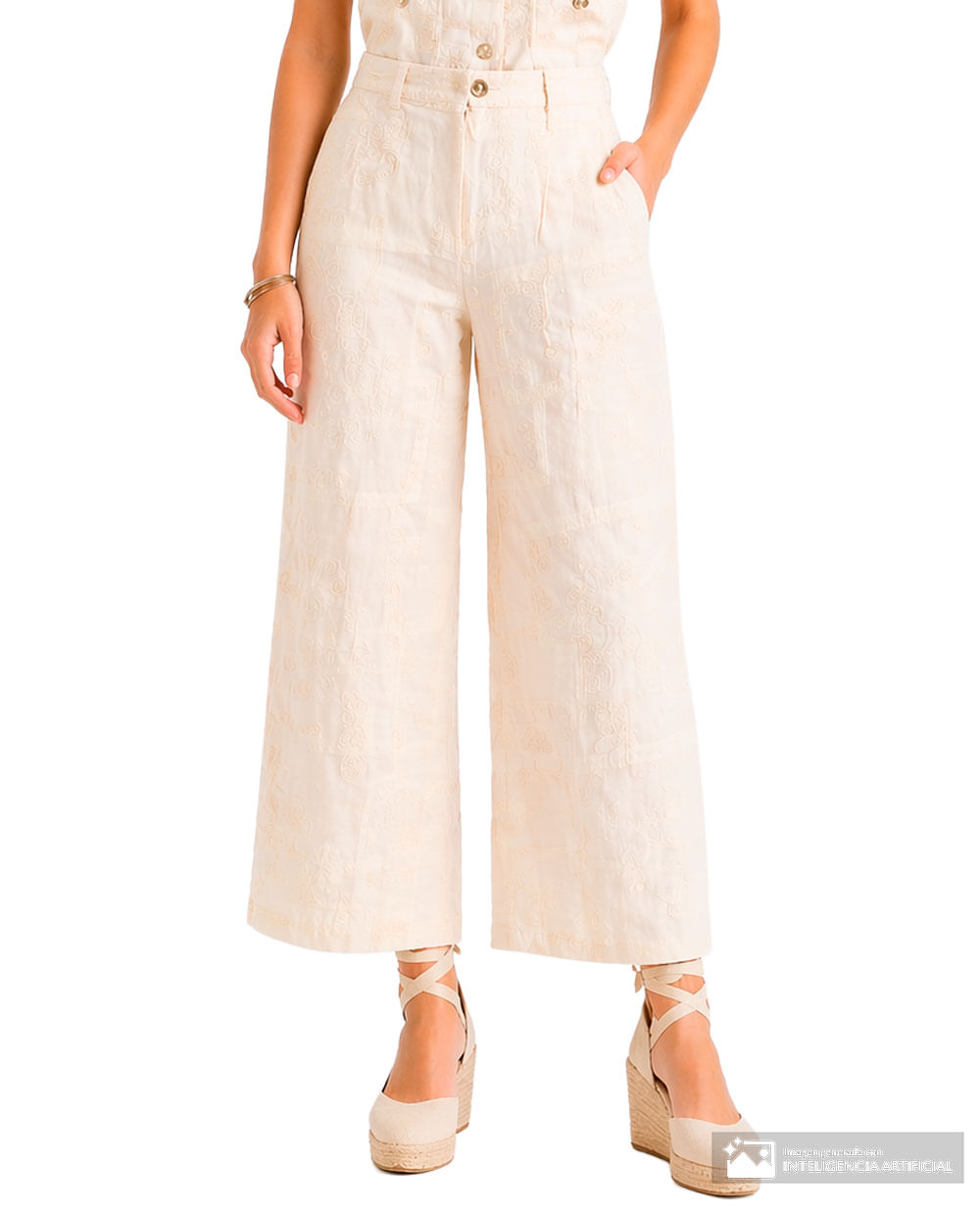 Pantalón Sabrina wide leg beige bordado para mujer