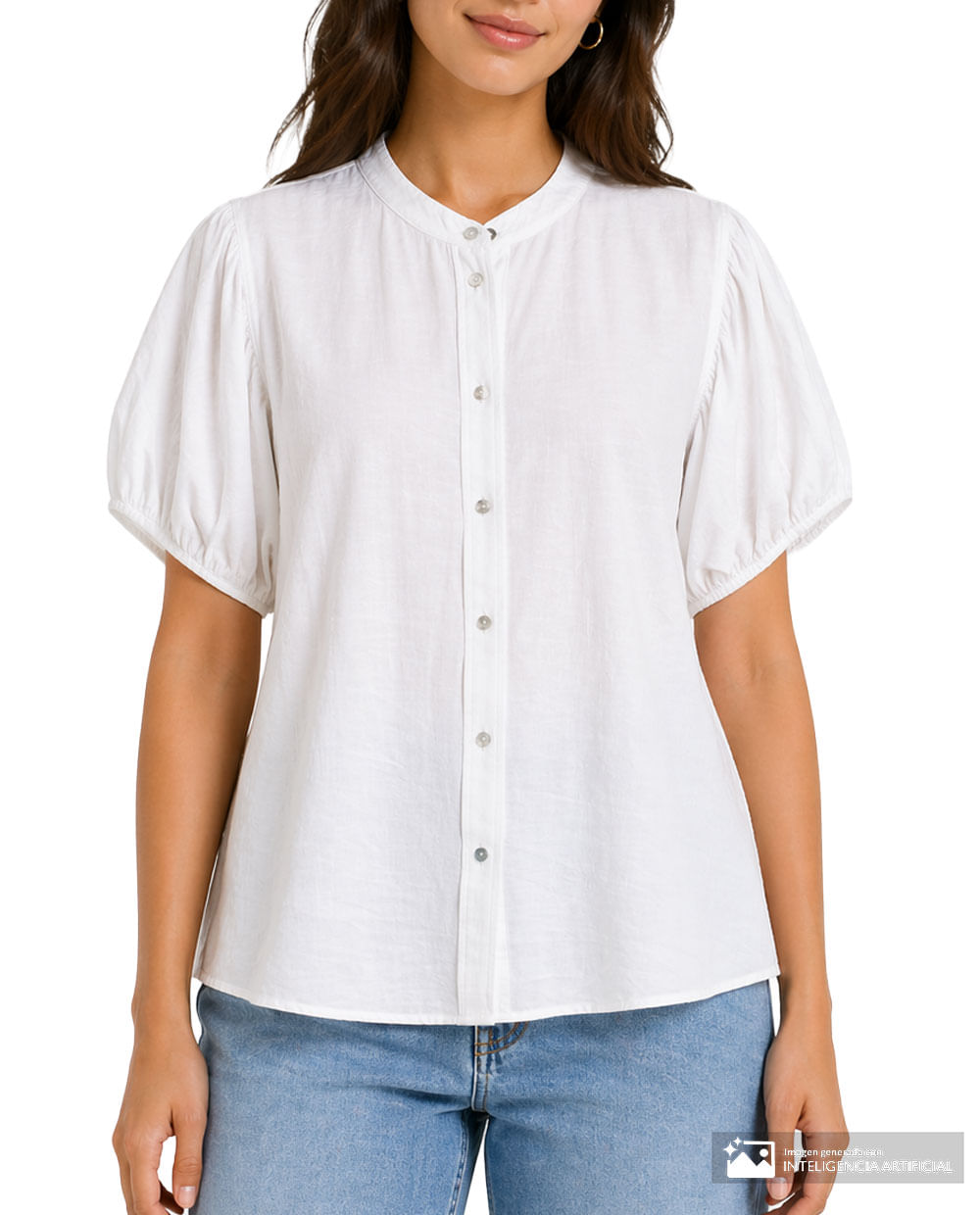 Blusa Sabrina casual blanca sólida con manga abombada para mujer