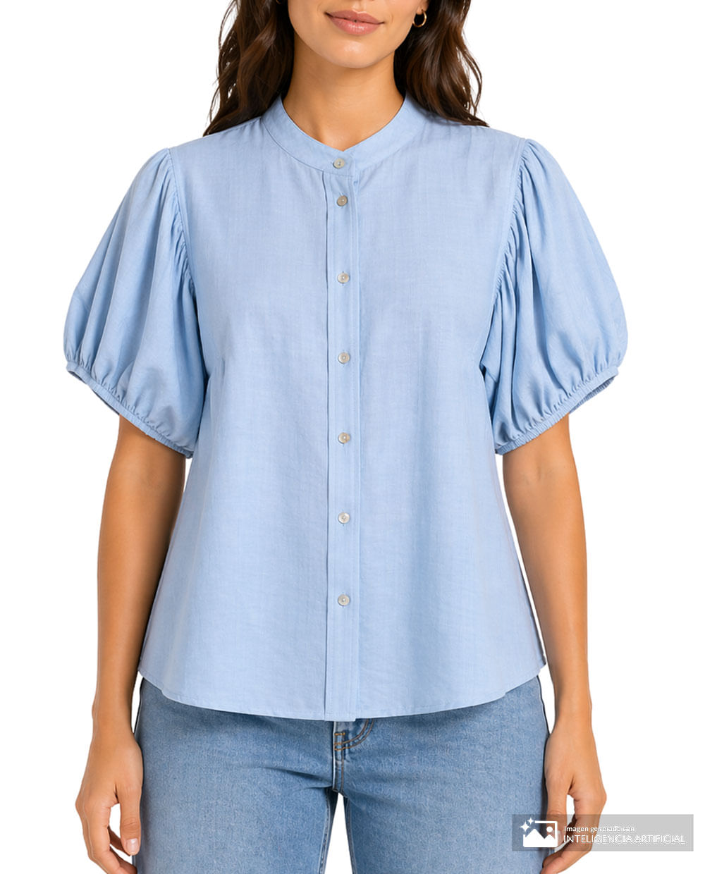 Blusa Sabrina casual celeste sólida con manga abombada para mujer