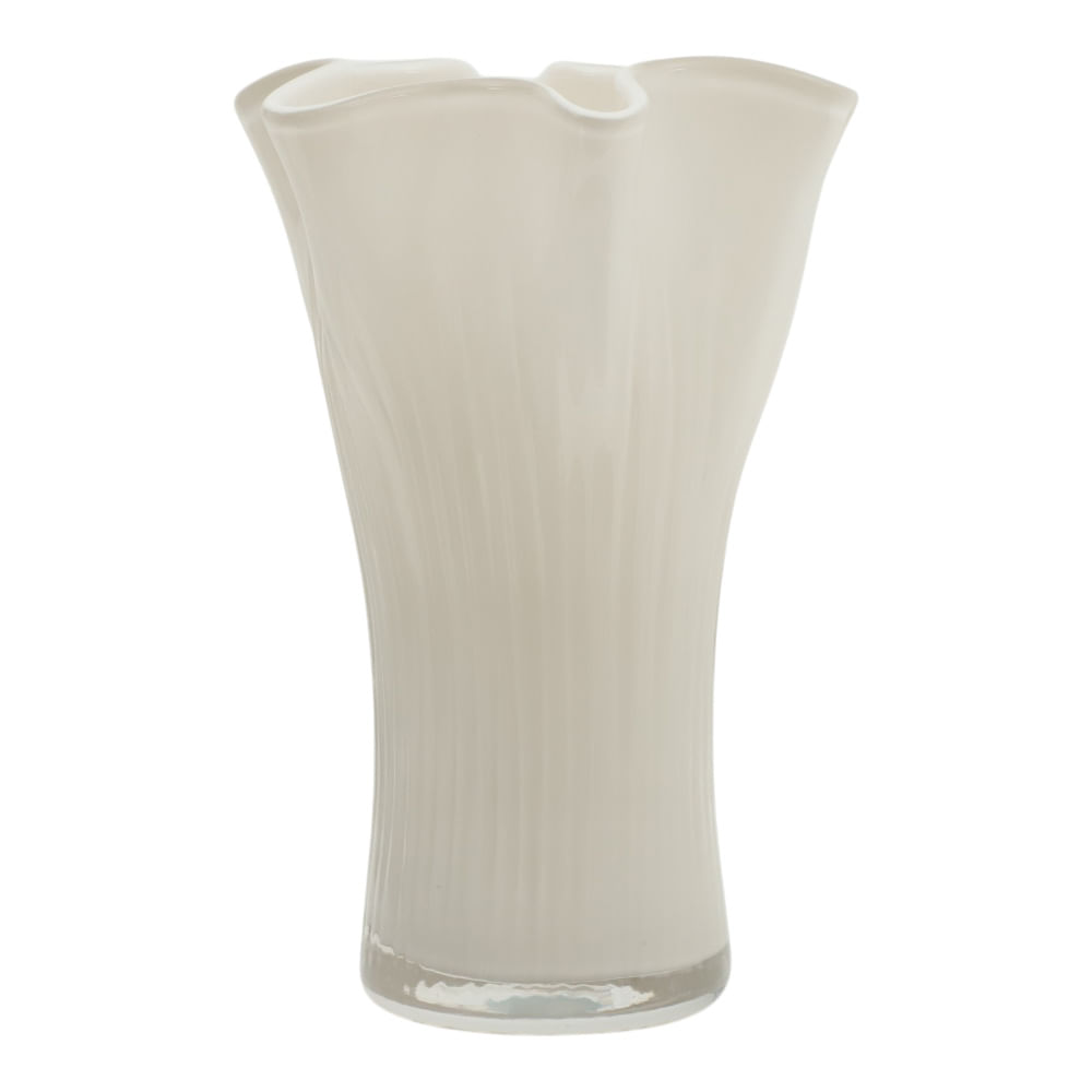Florero de vidrio blanco con borde ondulado 41 x 21 cm