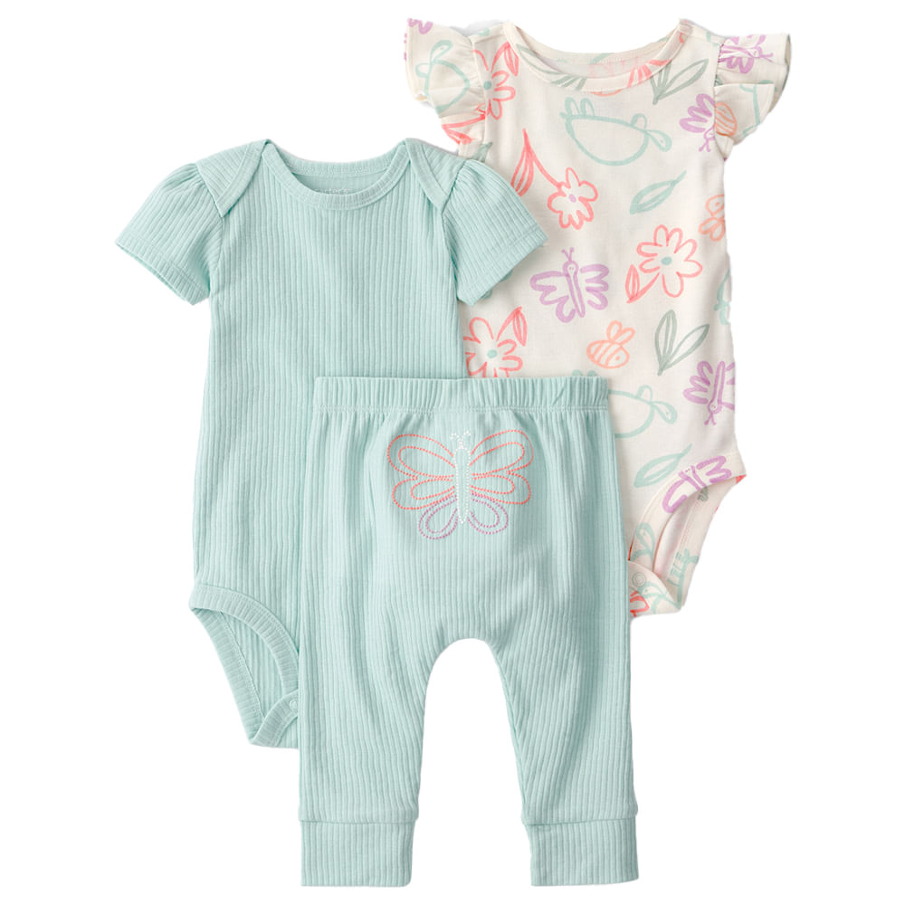 Conjunto de 3 piezas celeste con estampado de mariposa para bebé niña