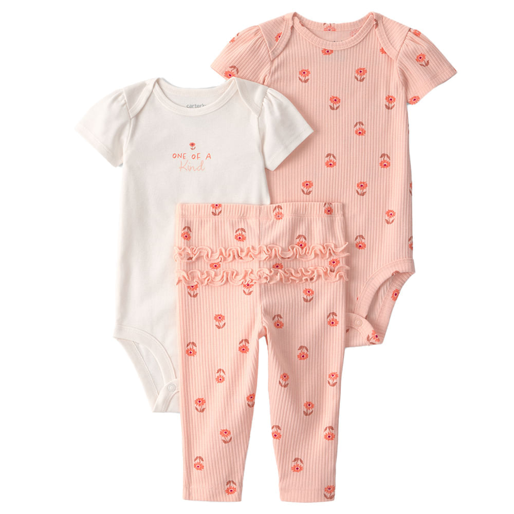 Conjunto de 3 piezas rosado con estampado floral para bebé niña