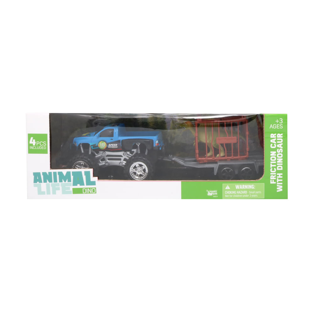 Animal Life Set 4 Piezas Vehículo Fricción C/ Remolque, Caja para 1 Dinosaurio