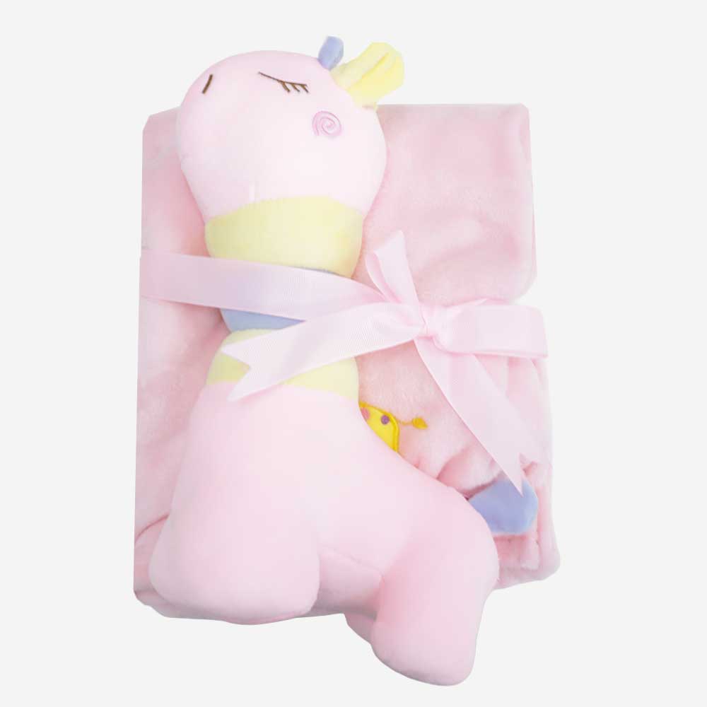 Frazada rosada con peluche de jirafa para bebé