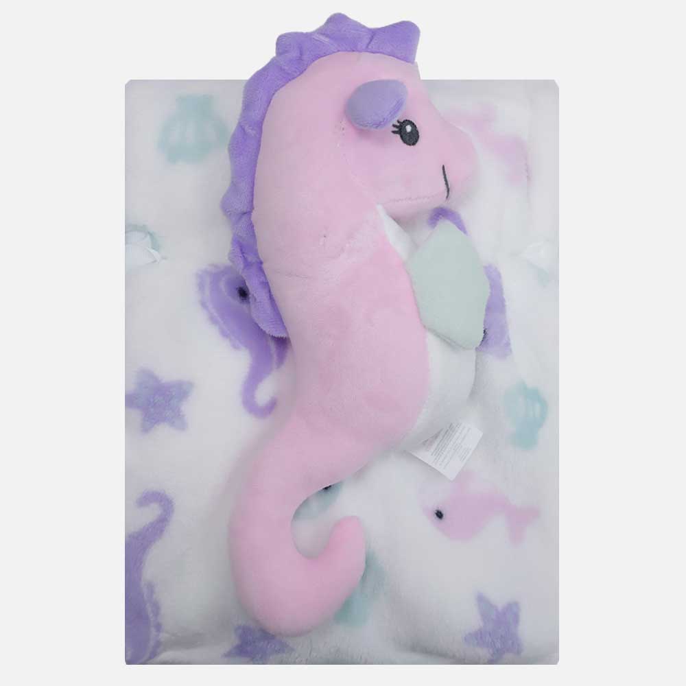 Frazada blanca con estampado marino y peluche de caballito de mar para bebé niña