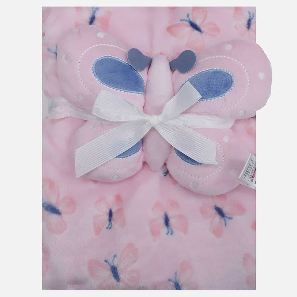 Frazada rosada con estampado y peluche de mariposa para bebé niña